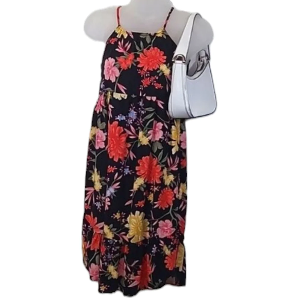 Old Navy Halter Sundress Spaghetti Strap Floral Print Tea Length Ruffle Dress
